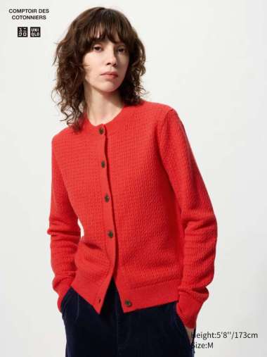 UNIQLO CDC COMPTOIR DES COTONNIERS Cardigan Wanita Wol Campuran Wool Blend Crew Neck Cardigan RED S