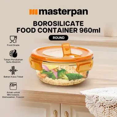 Masterpan Tempat Makan Kaca Bulat Serbaguna Coklat Bening dengan Tutup 960 ml Borosilicate Glass Round Food Container Amber with Lid Food Grade