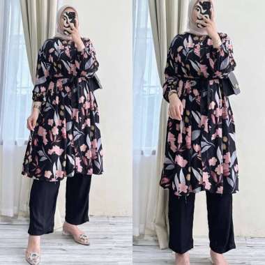 Lenia Set - One Set Wanita Long Tunik Crinkle Airflow Premium Setelan Wanita Kekinian Ruffle Lengan 