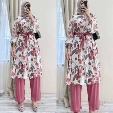 Lenia Set - One Set Wanita Long Tunik Crinkle Airflow Premium Setelan Wanita Kekinian Ruffle Lengan 
