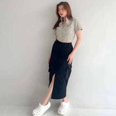 Rok Cargo Belah Cotton Twill Skirt Korean Style Wanita Kekinian | Muna Skirt | Rok Cargo Belah Tenga