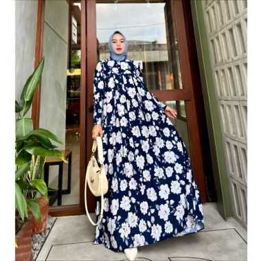 Efelyn Dress Wanita Armani Silk Brown Gamis Terbaru Lengan Balon Panjang Baju Muslim Ruffel Polos Kekinian LD 110 cm Aurel Navy