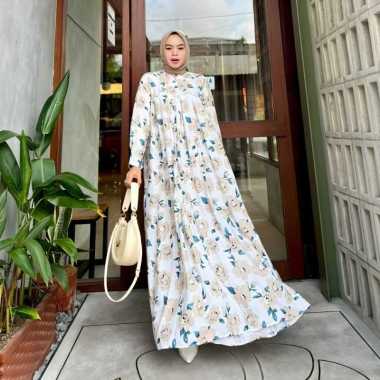 Efelyn Dress Wanita Armani Silk Brown Gamis Terbaru Lengan Balon Panjang Baju Muslim Ruffel Polos Kekinian LD 110 cm Aurel Soft Late
