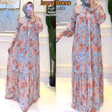 Efelyn Dress Wanita Armani Silk Brown Gamis Terbaru Lengan Balon Panjang Baju Muslim Ruffel Polos Kekinian LD 110 cm Ivory Soft Mint