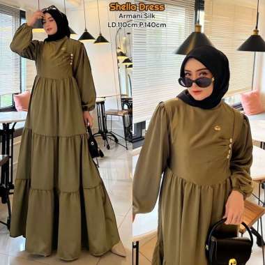 Efelyn Dress Wanita Armani Silk Brown Gamis Terbaru Lengan Balon Panjang Baju Muslim Ruffel Polos Kekinian LD 110 cm Shella Zaitun