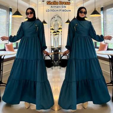 Efelyn Dress Wanita Armani Silk Brown Gamis Terbaru Lengan Balon Panjang Baju Muslim Ruffel Polos Kekinian LD 110 cm Shella Turkish Tua