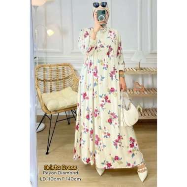 Efelyn Dress Wanita Armani Silk Brown Gamis Terbaru Lengan Balon Panjang Baju Muslim Ruffel Polos Kekinian LD 110 cm Arista Creamy Rose