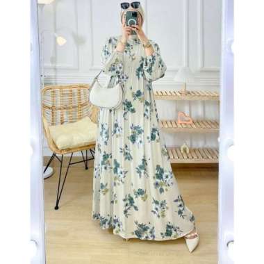 Efelyn Dress Wanita Armani Silk Brown Gamis Terbaru Lengan Balon Panjang Baju Muslim Ruffel Polos Kekinian LD 110 cm Arista Creamy Green