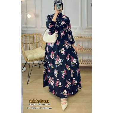 Efelyn Dress Wanita Armani Silk Brown Gamis Terbaru Lengan Balon Panjang Baju Muslim Ruffel Polos Kekinian LD 110 cm Arista Black Rose