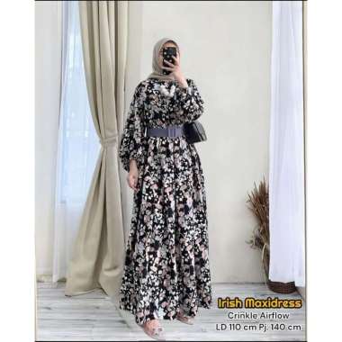 Efelyn Dress Wanita Armani Silk Brown Gamis Terbaru Lengan Balon Panjang Baju Muslim Ruffel Polos Kekinian LD 110 cm Irish Black
