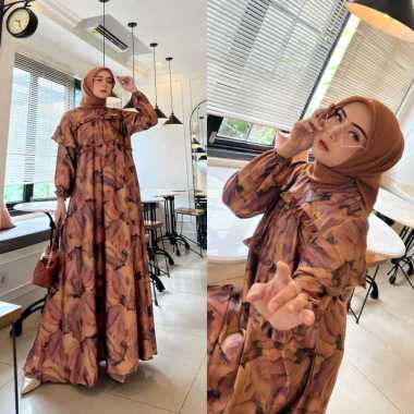 Efelyn Dress Wanita Armani Silk Brown Gamis Terbaru Lengan Balon Panjang Baju Muslim Ruffel Polos Kekinian LD 110 cm Azzura Caramel