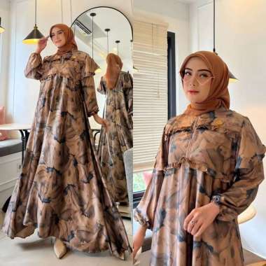 Efelyn Dress Wanita Armani Silk Brown Gamis Terbaru Lengan Balon Panjang Baju Muslim Ruffel Polos Kekinian LD 110 cm Azzura Saadle