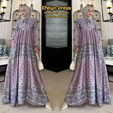 Efelyn Dress Wanita Armani Silk Brown Gamis Terbaru Lengan Balon Panjang Baju Muslim Ruffel Polos Kekinian LD 110 cm Efelyn Dusty