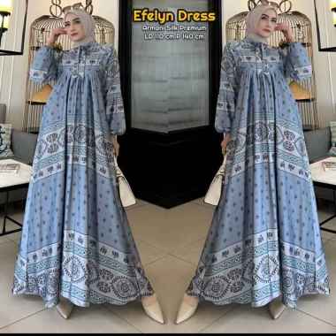 Efelyn Dress Wanita Armani Silk Brown Gamis Terbaru Lengan Balon Panjang Baju Muslim Ruffel Polos Kekinian LD 110 cm Efelyn Biru