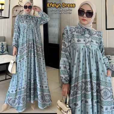 Efelyn Dress Wanita Armani Silk Brown Gamis Terbaru Lengan Balon Panjang Baju Muslim Ruffel Polos Kekinian LD 110 cm Efelyn Hijau