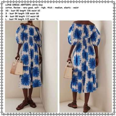 AB970091 Long Dress Midi Pesta Pantai Retro Sabrina Off Shoulder Wanita Korea Import Biru Putih