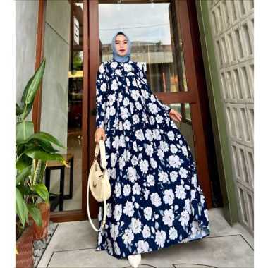 Shella Dress Wanita Armani Silk Gamis Terbaru Lengan Panjang Baju Muslim Ruffe Polos Kekinian LD 110 cm Aurel Navy
