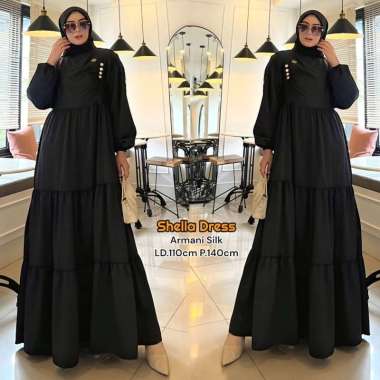 Shella Dress Wanita Armani Silk Gamis Terbaru Lengan Panjang Baju Muslim Ruffe Polos Kekinian LD 110 cm Shella Hitam