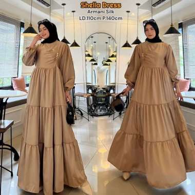 Shella Dress Wanita Armani Silk Gamis Terbaru Lengan Panjang Baju Muslim Ruffe Polos Kekinian LD 110 cm Shella Coksu