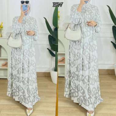 Shella Dress Wanita Armani Silk Gamis Terbaru Lengan Panjang Baju Muslim Ruffe Polos Kekinian LD 110 cm TIama BW