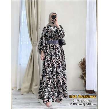 Shella Dress Wanita Armani Silk Gamis Terbaru Lengan Panjang Baju Muslim Ruffe Polos Kekinian LD 110 cm Irish Black