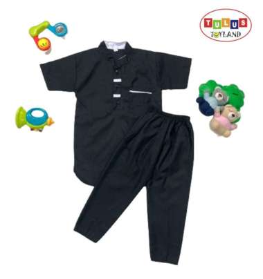 Baju Koko Anak Laki Laki Setelan Koko Anak pakaian baju muslim anak Kancing Garis M Hitam