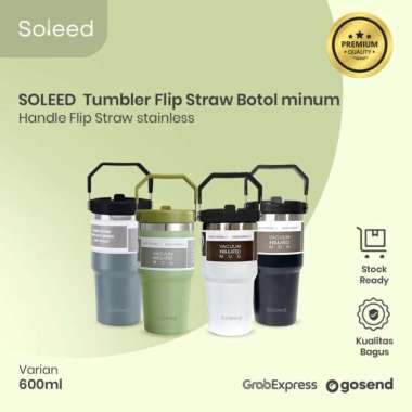 SOLEED Tumbler Kopi Teh Botol minum Handle Flip Straw stainless - 600mL, Putih 600mL Hitam