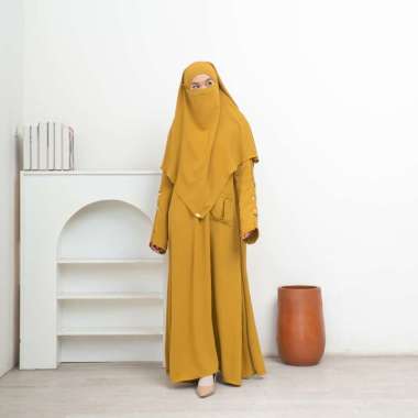 Hafsah Abaya Set | Gamis Abaya Hitam | Abaya Turkey | Gamis Umroh Abaya Set Kerudung All Size Gold