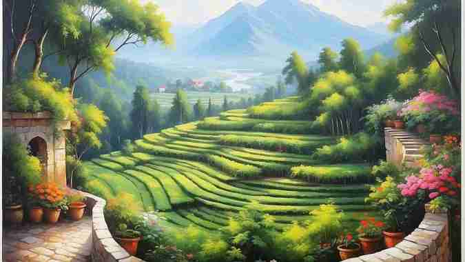 Terkini! Lukisan Kanvas Pemandangan Terasering Sawah Nuansa Hijau