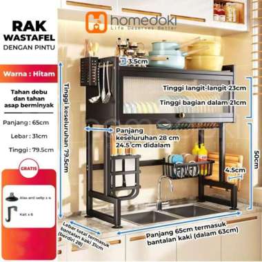 Homedoki Rak piring wastafel / rak wastafel dapur / rak di atas wastafel 65*31*79.5cm Hitam