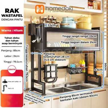 Homedoki Rak piring wastafel / rak wastafel dapur / rak di atas wastafel 85*31*79.5cm Hitam