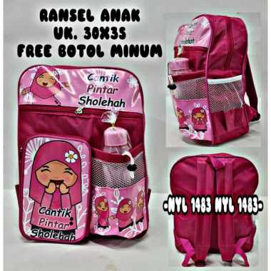 Tas ransel anak perempuan karakter gratis botol minum - tas anak Muslimah Pink