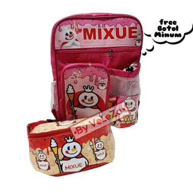Tas Ransel Anak Karakter Mixue ice cream gratis waistbag botol minum - tas anak 3in1 pink lengkap