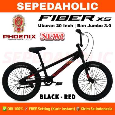 Sepeda Anak Laki BMX PHOENIX FIBER X5 Ukuran 20 Inch Ban Jumbo 3.0 Usia 8-11 Tahun Black Red