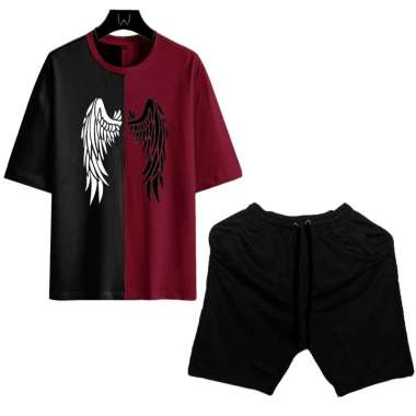 Setelan Pria Satu Set Kaos Motif Twotone Angel Wings Lengan Pendek Dan Celana Pendek Santai Maroon(H