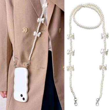 Elijah Bow Pearl Selempang Strap HP Tas Gantungan Lanyard Pearl Mutiara Ribbon Bowknot Pita Korea Ta
