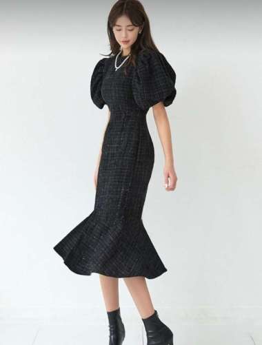 Allure Celine Puff Tweed Dress S Ivory