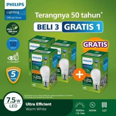 Beli 3 Gratis 1 Philips Lampu Bohlam LED Ultra Efficient 7.5W 27K Warm White