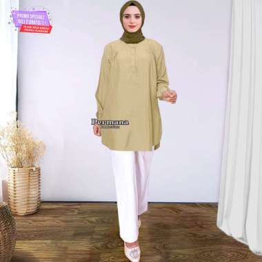 Baju Atasan Blouse Wanita Kemeja Lengan Panjang Cream Tua Jumbo Dewasa - Cream, M XL Cream Tua