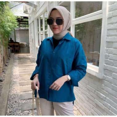 Olivia Shirt / Kemeja Linen Wanita Oversize / Atasan Wanita Linen / Ke - Grey biru Turkis