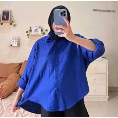 Olivia Shirt / Kemeja Linen Wanita Oversize / Atasan Wanita Linen / Ke - Grey Biru Elektrik