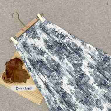 -ROK PLISKET MOTIF Pleated Skirt Bunga Wanita Korean Style Panjang Mekar Mayung Dior-Navy