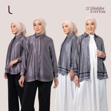 Elzatta Baju Atasan Kemeja Tunik Wanita Satin Motif Monogram Elegant Cocok Untuk Kerja Tunik Border 