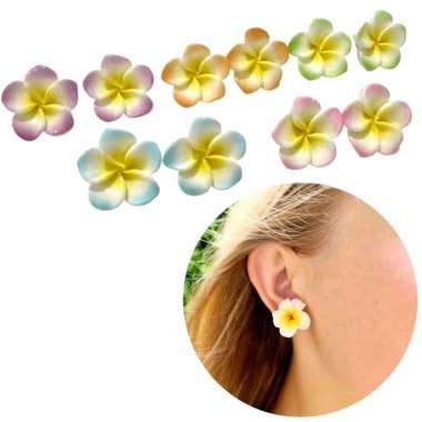 Anting Clay Bunga Kamboja Bali Jepun Tusuk Jepit Hijab Friendly Frangipani Flower Stud Klip Earrings