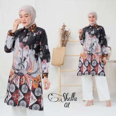 Baju batik atasan wanita tunik kancing jumbo ld 120 dan 130 shella - Hitam, 4XL 4XL Hitam