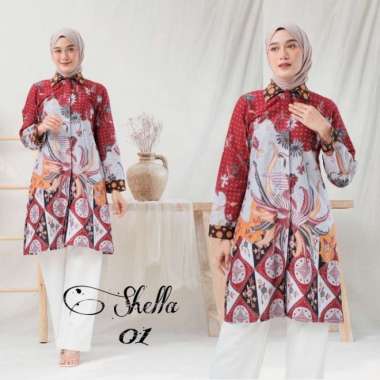 Baju batik atasan wanita tunik kancing jumbo ld 120 dan 130 shella - Hitam, 4XL 4XL Merah