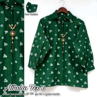 Blus jumputan, Batik Kalimataya, atasan wanita kancing depan Isni 146b - milo, M XXL hijau botol