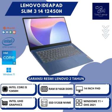 LAPTOP BARU LENOVO IDEAPAD SLIM 3 14 INTEL CORE I5-12450H RAM 8/16GB DDR5 SSD 512GB NVME 14INCH FHD 