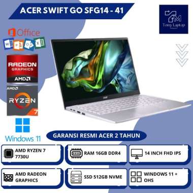 LAPTOP BARU ACER SWIFT GO SFG14 AMD RYZEN 7-7730U RAM 16GB DDR4 SSD 512GB NVME 14INCH FHD IPS SLV - 