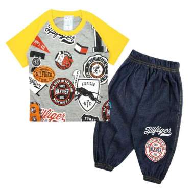 Skabe Pakaian Bayi Anak Laki Laki Baju Atasan Lengan Pendek Motif Tommy 1985 Setelan Celana Jeans Jo